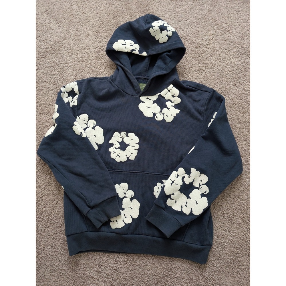 Denim Tears The Cotton Wreath Sweatshirt Navy Blue Size Small Hoodie Pocket EUC